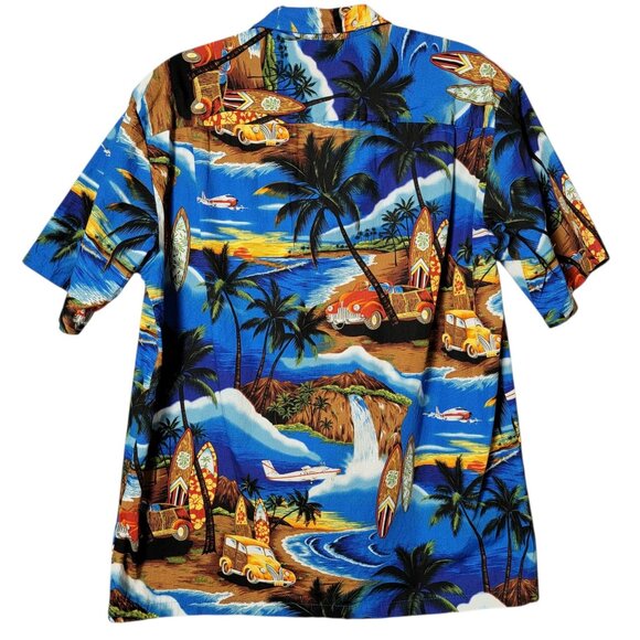 Royal Hawaiian Creations Mens Surfboard Palm Trees Cotton Button Up Shirt L - Picture 4 of 8